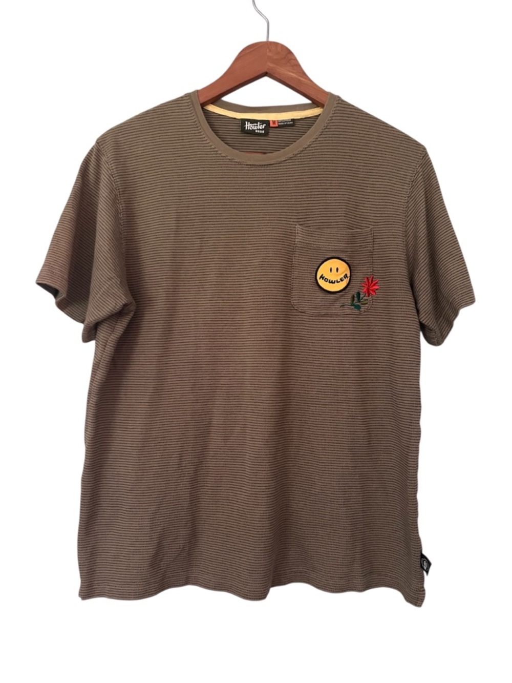 Howler Bros Striped Jacquard Cotton T-shirt Embroidered Smiley Face Streetwear M